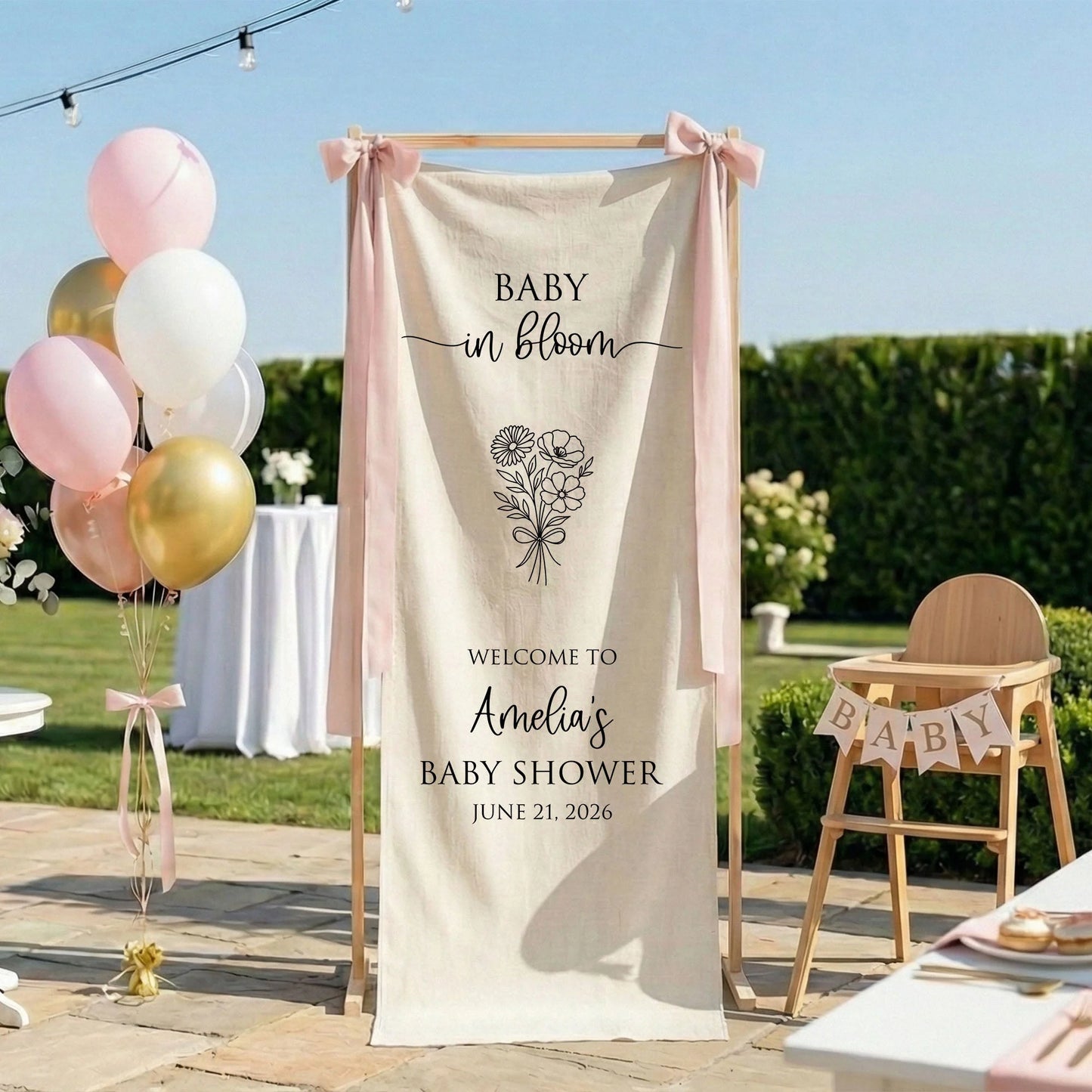 Floral Baby Shower Banner Stand Personalized Custom Name Welcome Sign Linen Baby in Bloom Decor, baby shower decor (view 9)