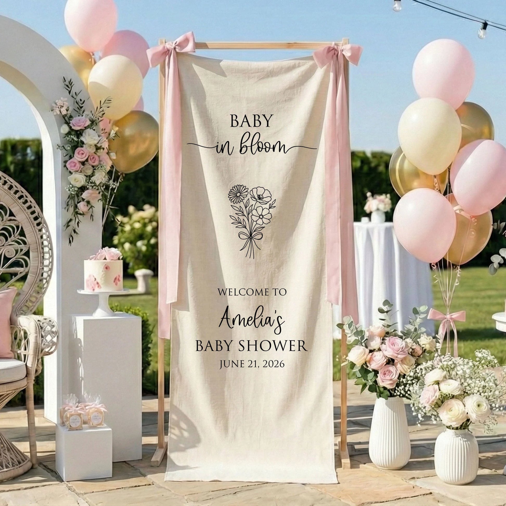 Floral Baby Shower Banner Stand Personalized Custom Name Welcome Sign Linen Baby in Bloom Decor, baby shower decor (view 10)