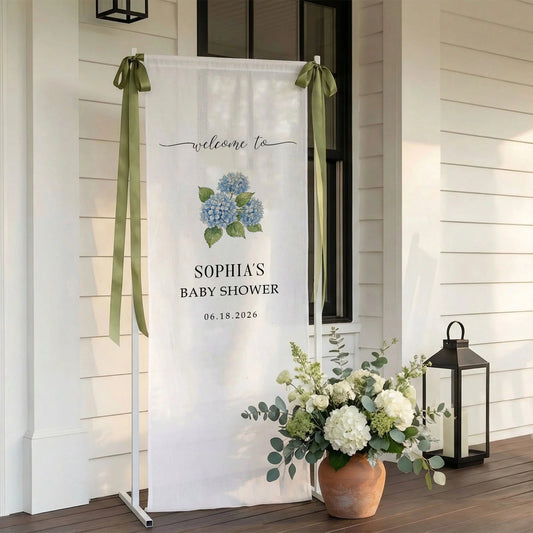 Floral Baby Shower Banner Stand Personalized Custom Name Blue Hydrangea Welcome Sign Decor, baby shower decor