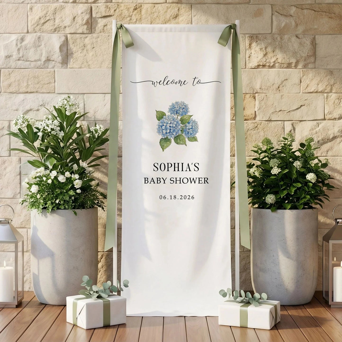 Floral Baby Shower Banner Stand Personalized Custom Name Blue Hydrangea Welcome Sign Decor, baby shower decor (view 2)