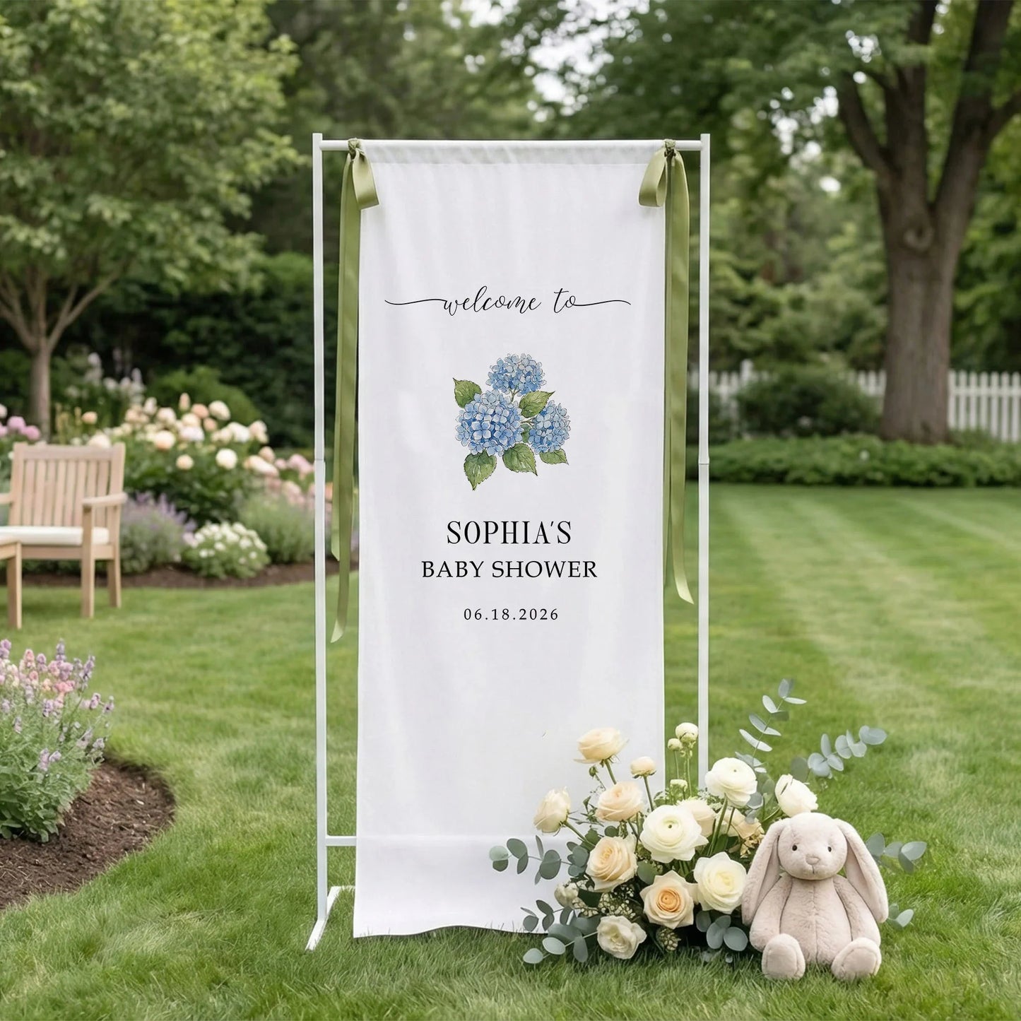 Floral Baby Shower Banner Stand Personalized Custom Name Blue Hydrangea Welcome Sign Decor, baby shower decor (view 3)