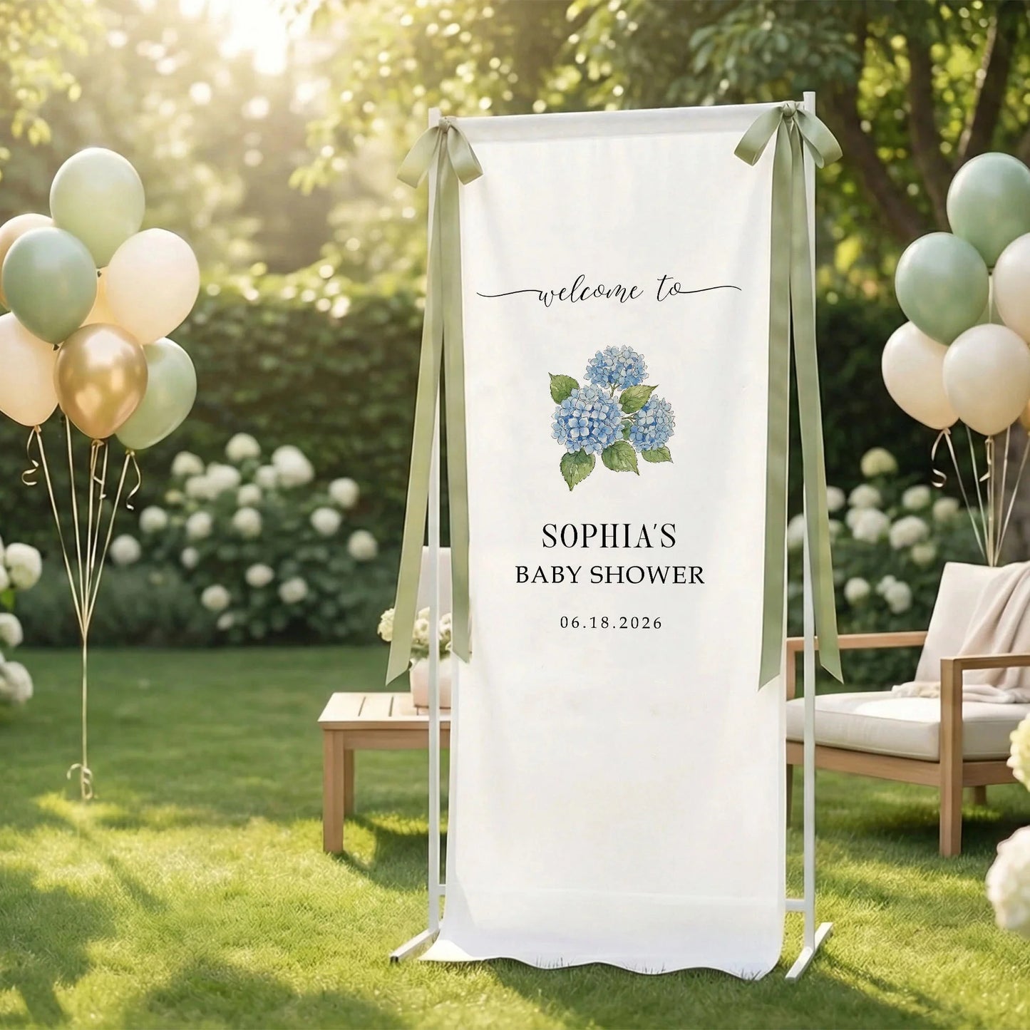 Floral Baby Shower Banner Stand Personalized Custom Name Blue Hydrangea Welcome Sign Decor, baby shower decor (view 4)
