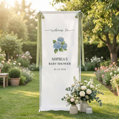 Floral Baby Shower Banner Stand Personalized Custom Name Blue Hydrangea Welcome Sign Decor, baby shower decor (view 5)