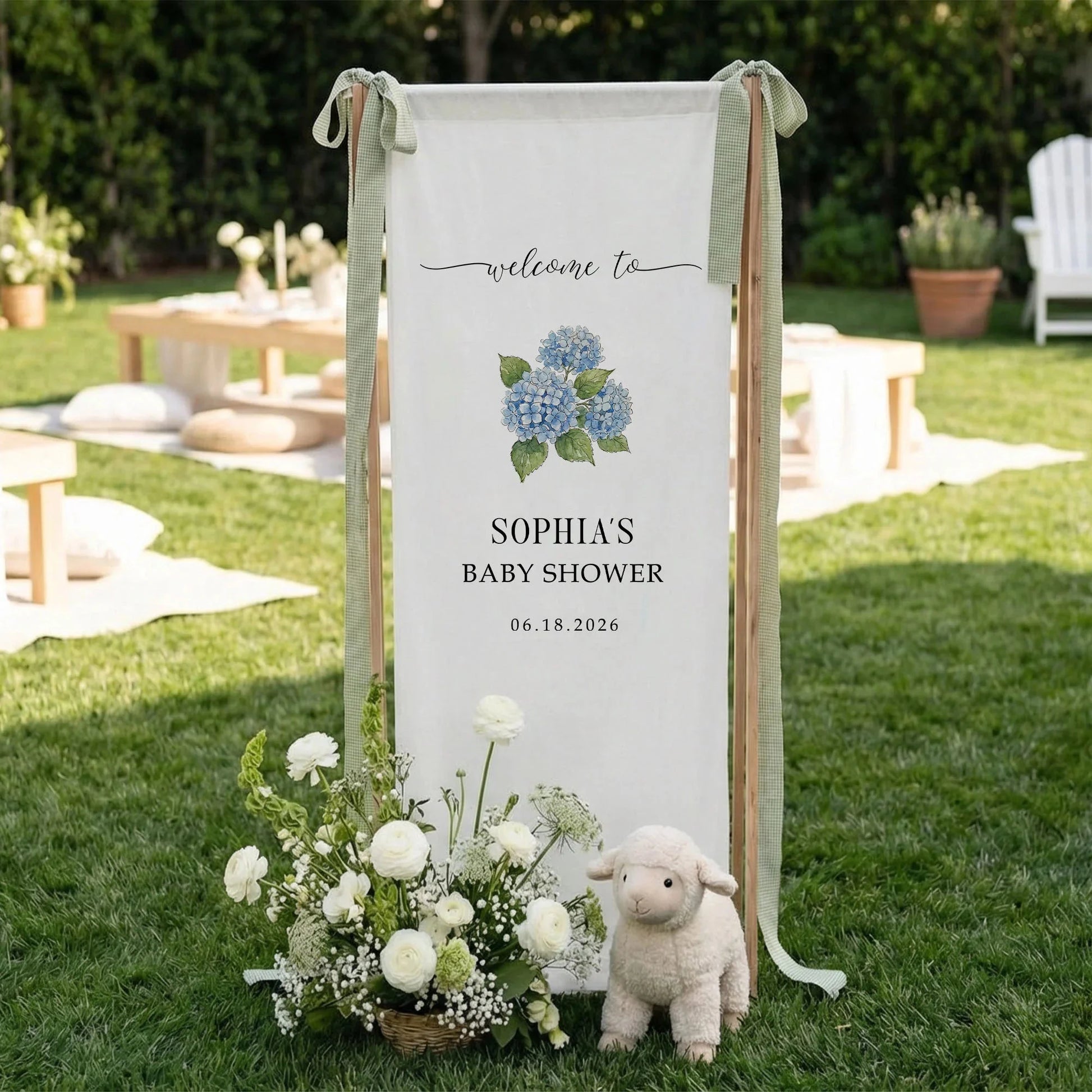 Floral Baby Shower Banner Stand Personalized Custom Name Blue Hydrangea Welcome Sign Decor, baby shower decor (view 6)