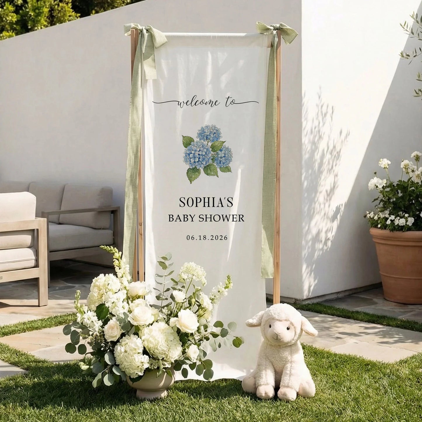 Floral Baby Shower Banner Stand Personalized Custom Name Blue Hydrangea Welcome Sign Decor, baby shower decor (view 7)