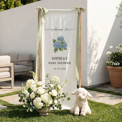 Floral Baby Shower Banner Stand Personalized Custom Name Blue Hydrangea Welcome Sign Decor, baby shower decor (view 7)