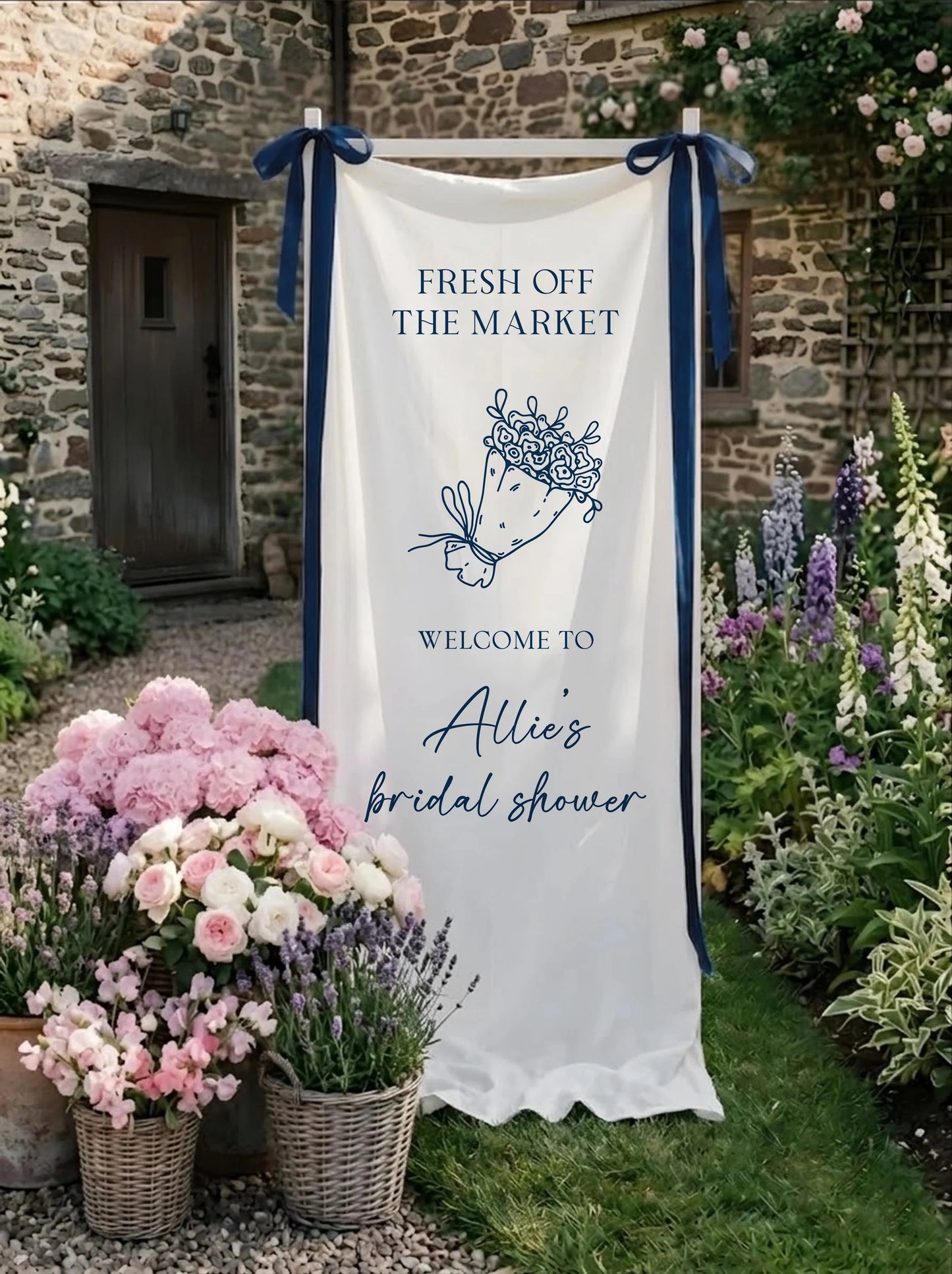 Floral Bridal Shower Banner Personalized Custom Name Fresh Off the Market Welcome Sign Decor, bridal shower decor (view 2)
