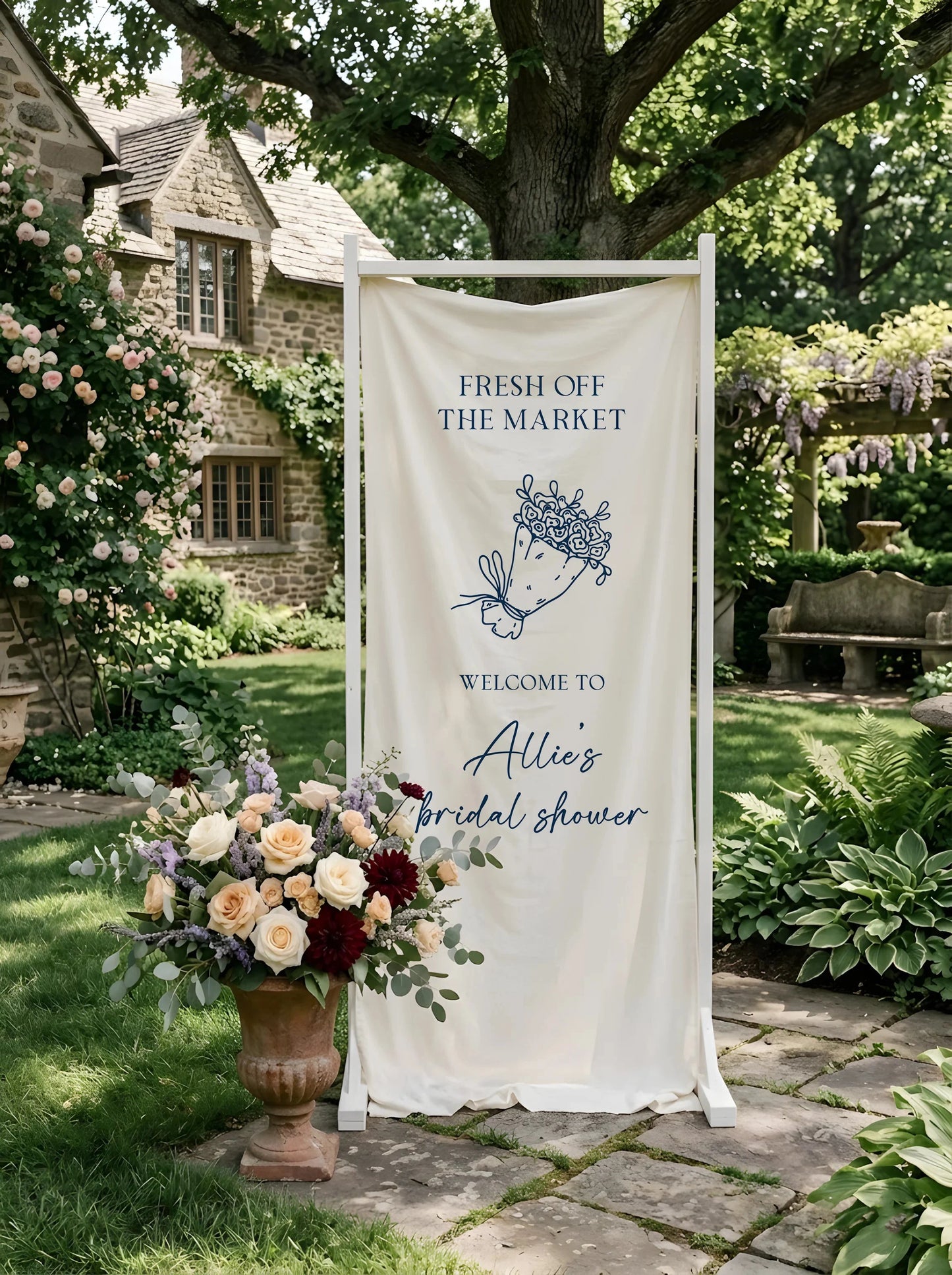 Floral Bridal Shower Banner Personalized Custom Name Fresh Off the Market Welcome Sign Decor, bridal shower decor (view 3)