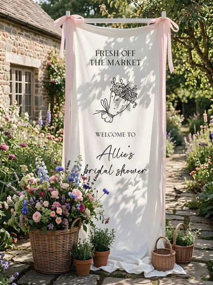 Floral Bridal Shower Banner Personalized Custom Name Fresh Off the Market Welcome Sign Decor, bridal shower decor (view 4)