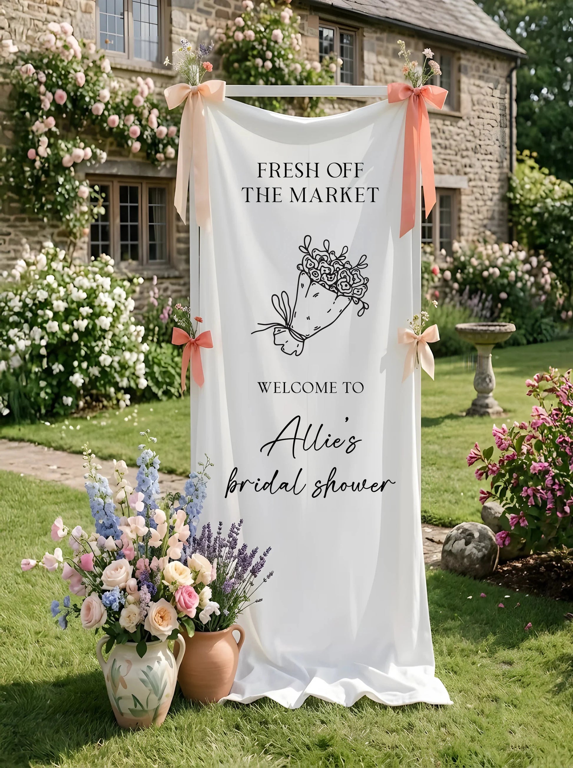 Floral Bridal Shower Banner Personalized Custom Name Fresh Off the Market Welcome Sign Decor, bridal shower decor (view 5)