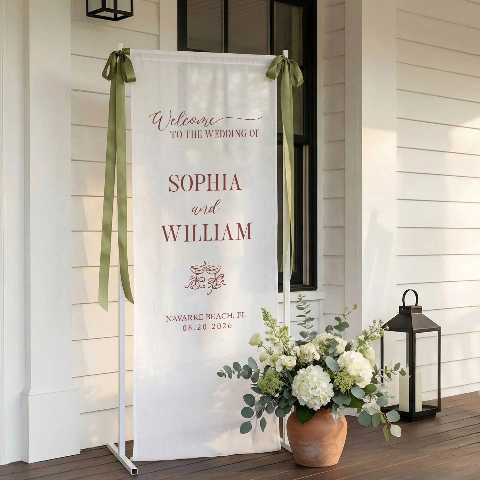 Floral Wedding Banner Stand Personalized Wedding Welcome Sign Custom Name Linen Wedding Decor, personalized wedding decor