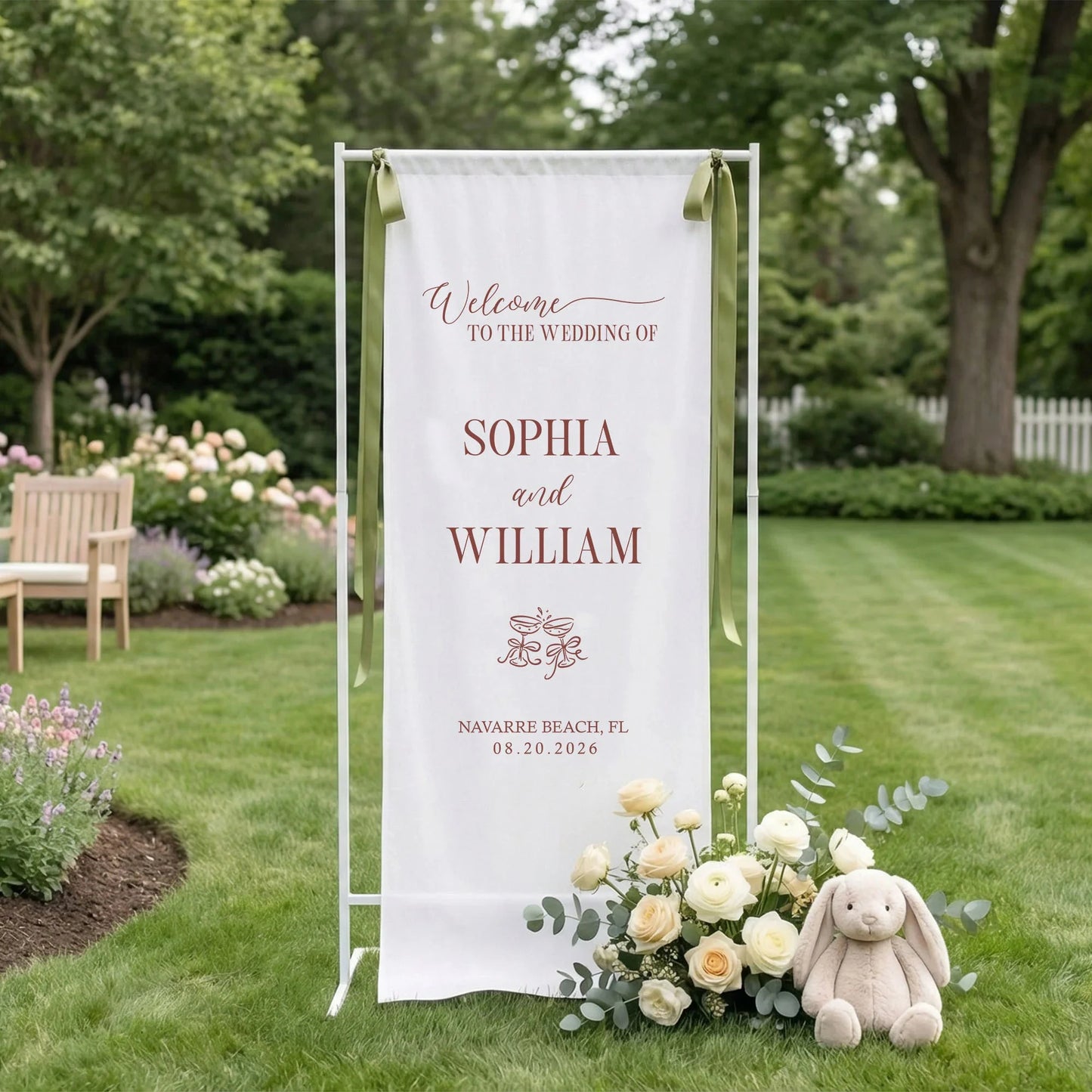 Floral Wedding Banner Stand Personalized Wedding Welcome Sign Custom Name Linen Wedding Decor, personalized wedding decor