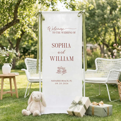 Floral Wedding Banner Stand Personalized Wedding Welcome Sign Custom Name Linen Wedding Decor, personalized wedding decor