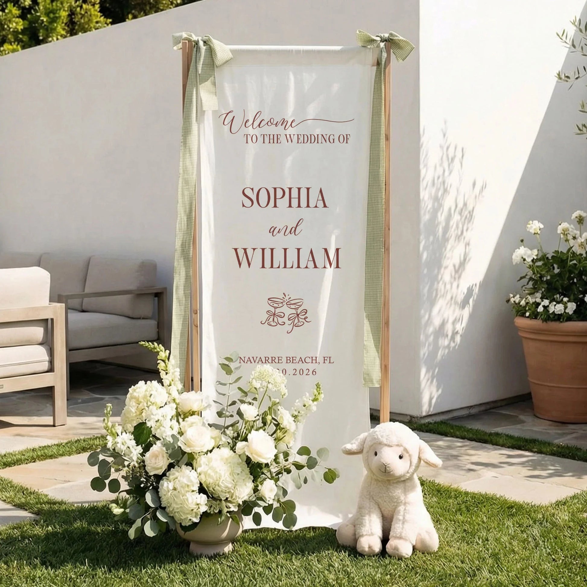 Floral Wedding Banner Stand Personalized Wedding Welcome Sign Custom Name Linen Wedding Decor, personalized wedding decor