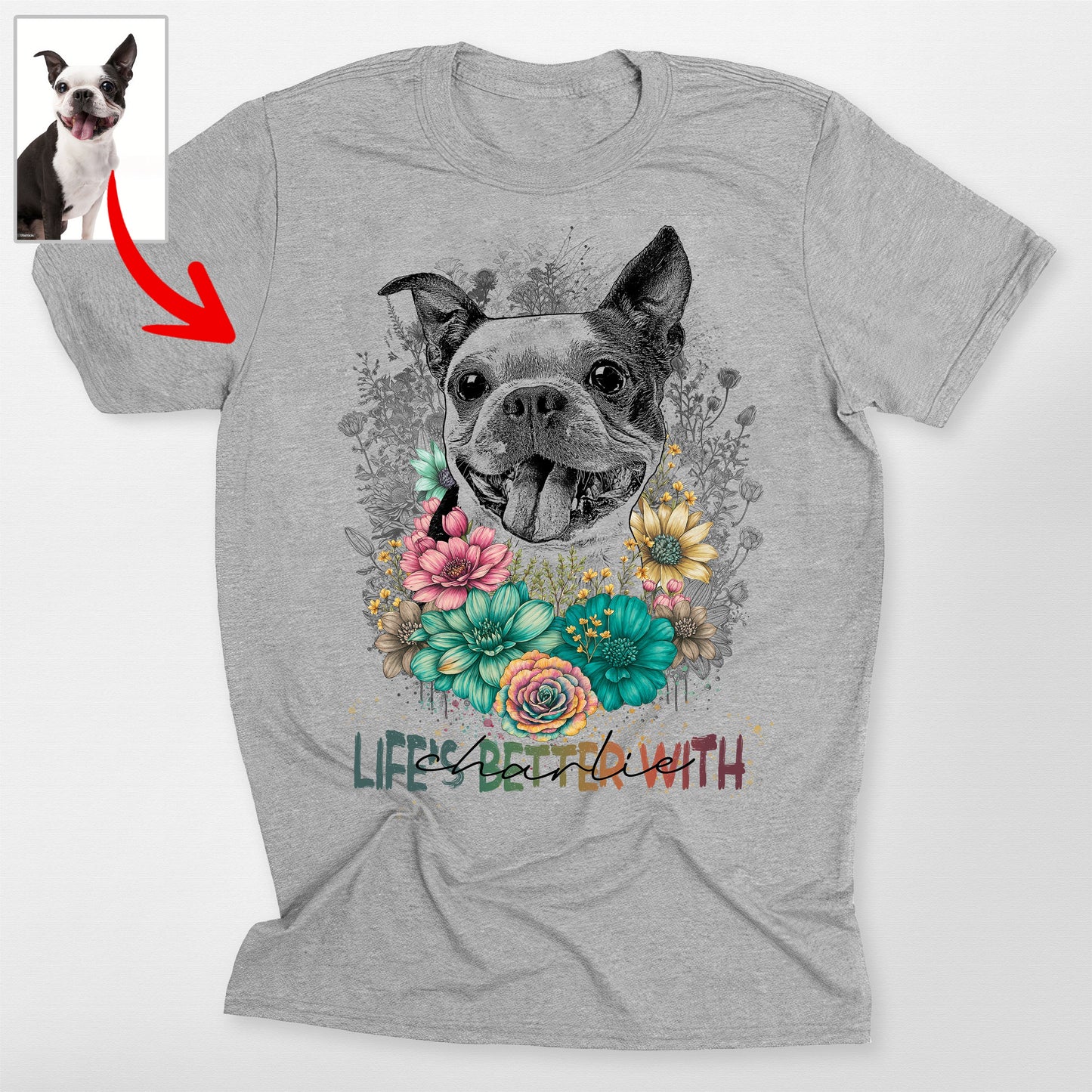 Floral Portrait Shirt Bella Canvas Tee for Pet Lov, custom pet portrait gift for pet lovers