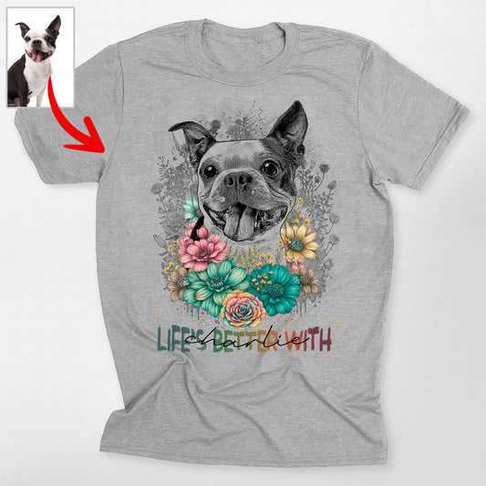 Floral Portrait Shirt Bella Canvas Tee for Pet Lov, custom pet portrait gift for pet lovers