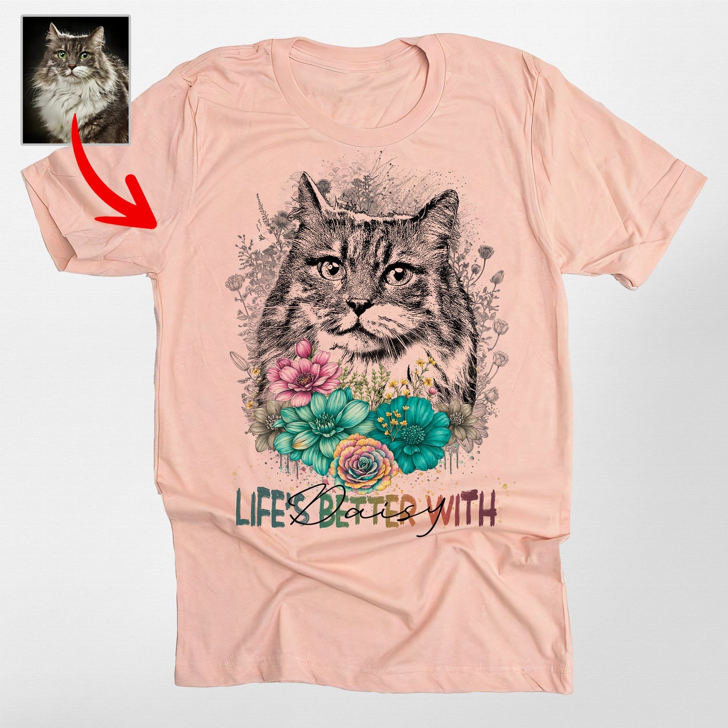 Floral Portrait Shirt Bella Canvas Tee for Pet Lov, custom pet portrait gift for pet lovers (view 3)