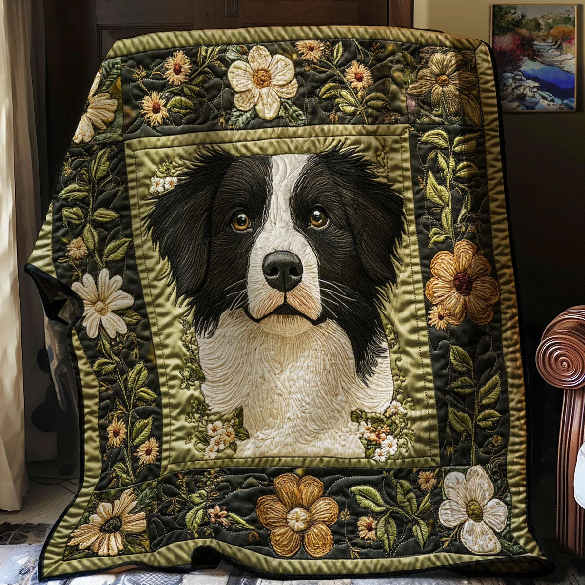 Flower Border Collie Quilt Blanket