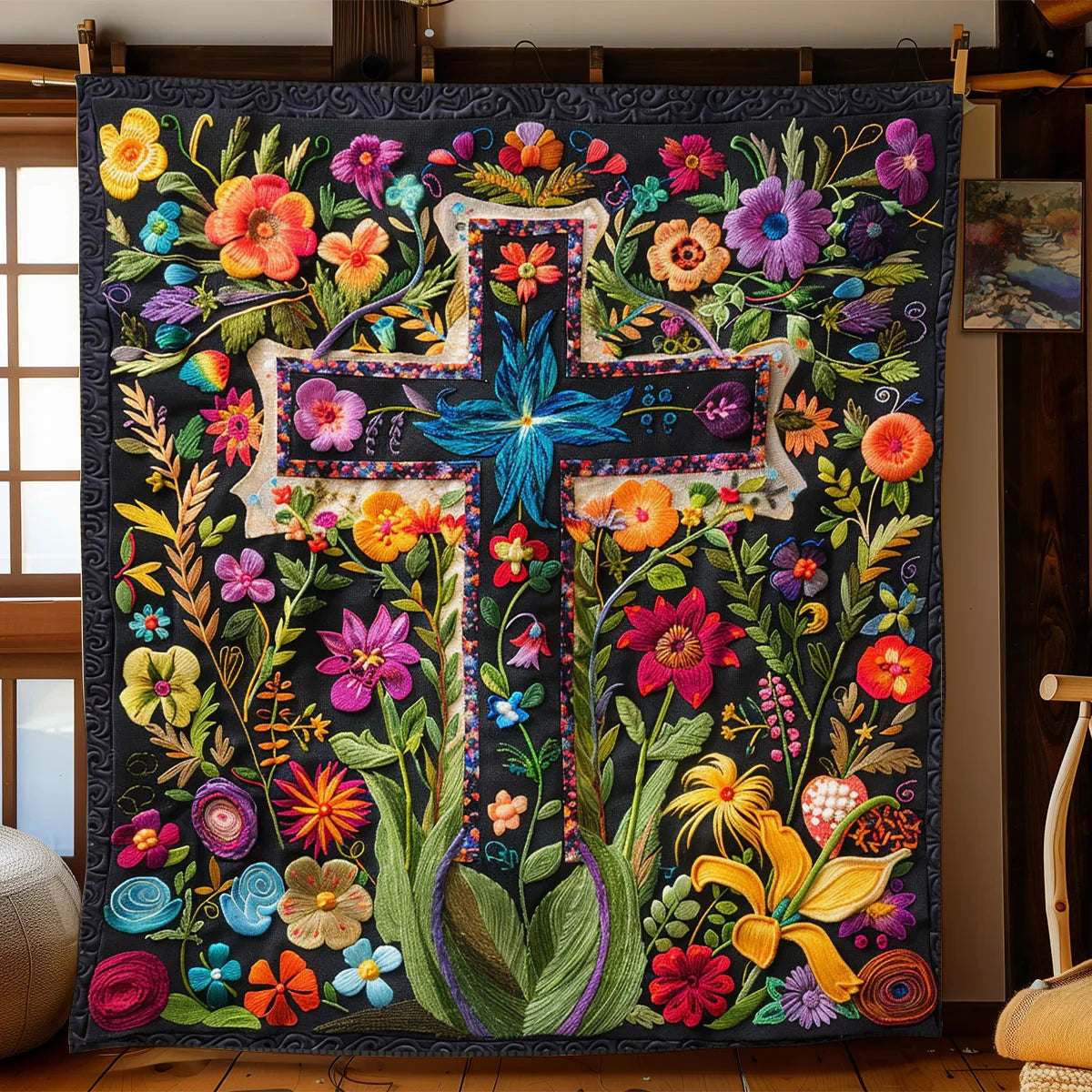 Flower Cross Colorful Quilt Blanket