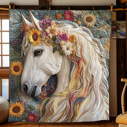Flower White Horse Quilt Blanket