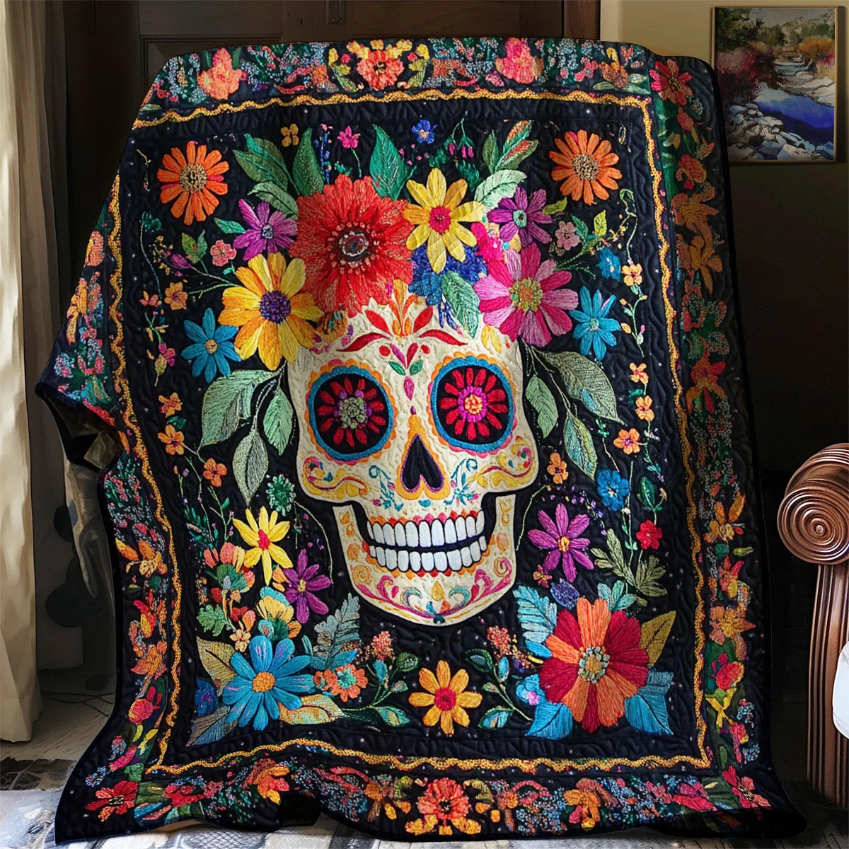 Flowered Skull Quilt Blanket