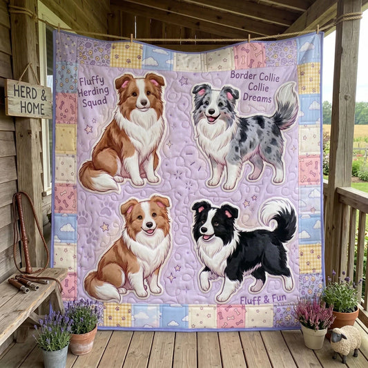 Fluffy Border Collie Dreams Quilt Blanket