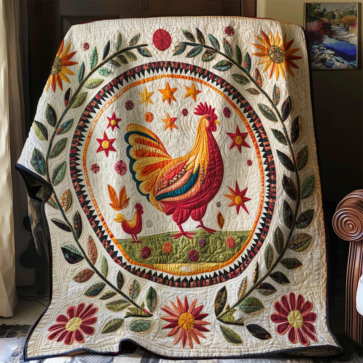 Folk Art Rooster Quilt Blanket