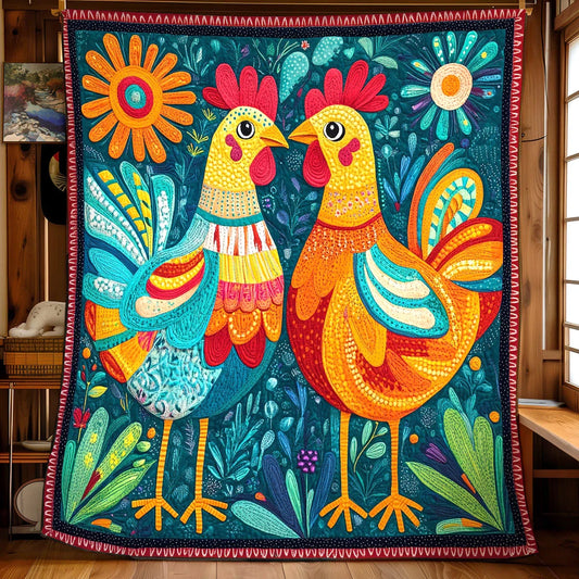 Folk Chicken Harmony Quilt Blanket