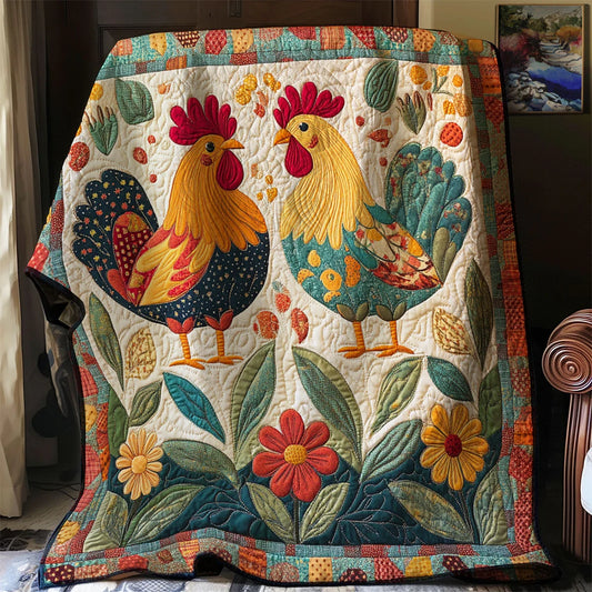 Folk Yard Rooster Quilt Blanket