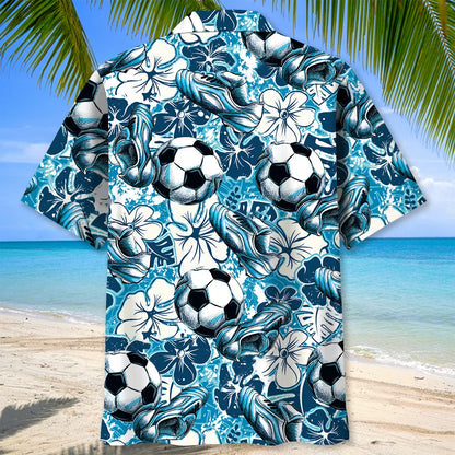 Football Tropical Hibiscus Blue Hawaiian Shirt