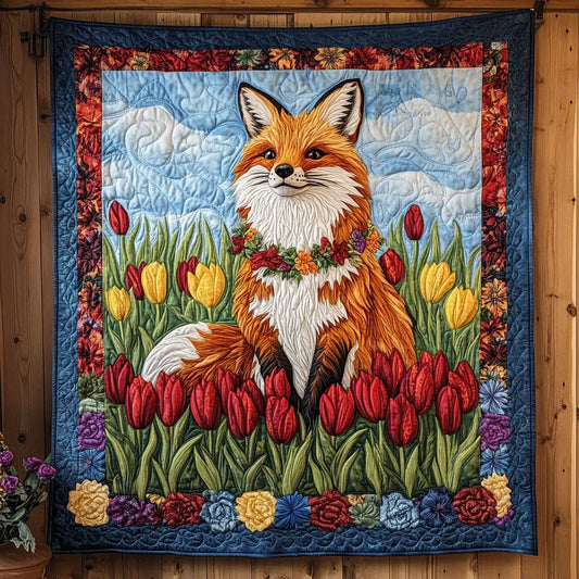 Fox Among Tulip Quilt Blanket