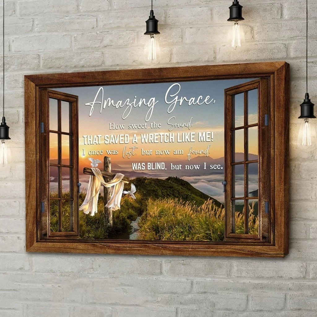 christian wall art amazing grace how sweet the sound cross mountain canvas print (Landscape) (view 3)