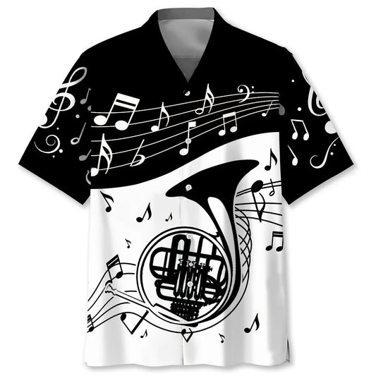 French Horn Black and White Hawaiian Shirt - S - hawaiian shirt