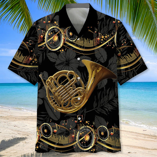 French Horn Black Hawaiian Shirt - S - hawaiian shirt