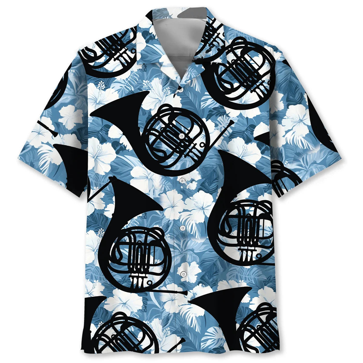 French Horn Blue Hibiscus Hawaiian Shirt