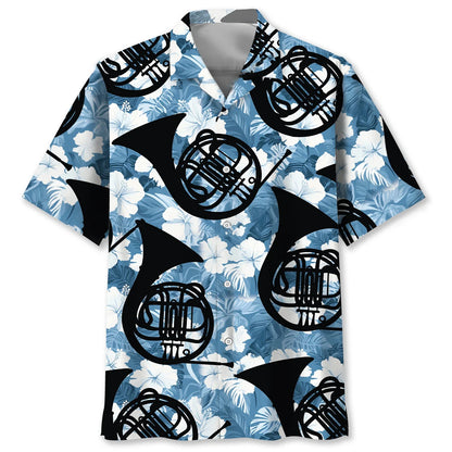 French Horn Blue Hibiscus Hawaiian Shirt