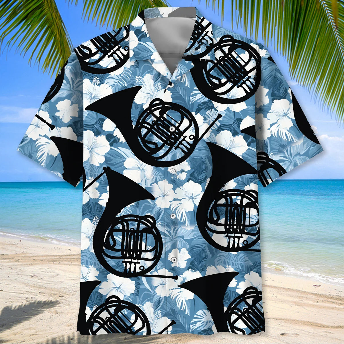 French Horn Blue Hibiscus Hawaiian Shirt