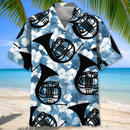 French Horn Blue Hibiscus Hawaiian Shirt