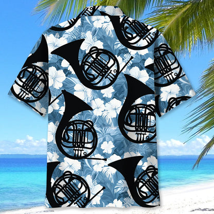 French Horn Blue Hibiscus Hawaiian Shirt