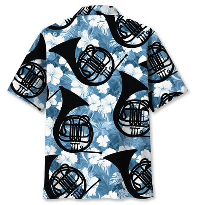 French Horn Blue Hibiscus Hawaiian Shirt