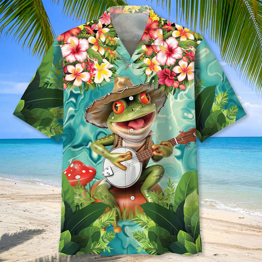Frog Playing Banjo Hawaiian Shirt - S - hawaiian shirt