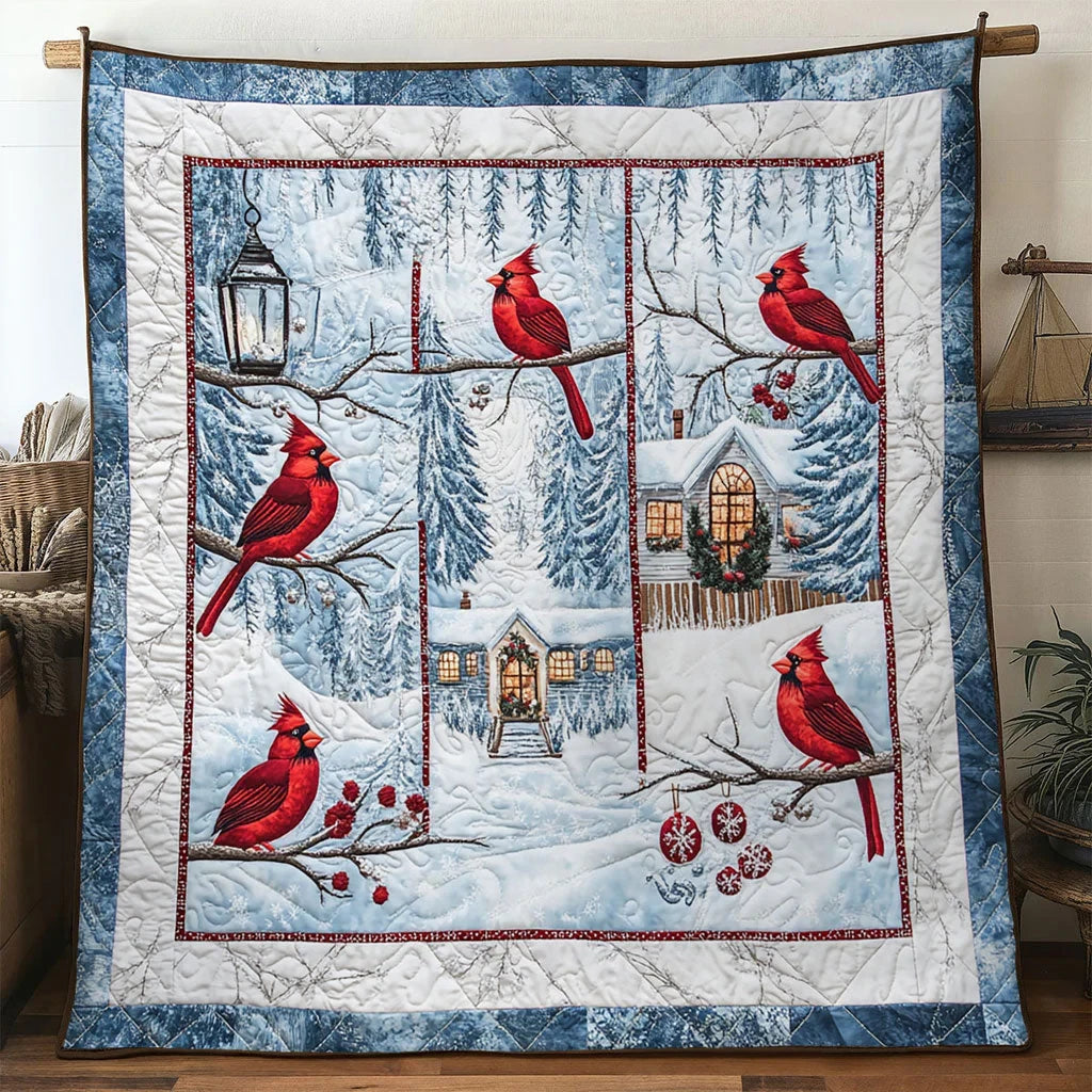 Frosted Pine Cardinal Quilt Blanket