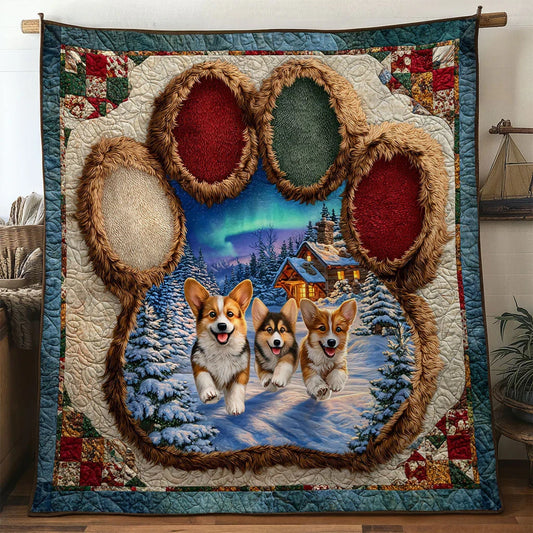 Frosty Night Corgi Paw Quilt Blanket