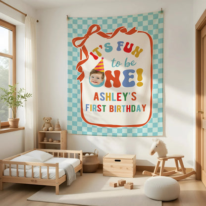 It's Fun to be One Birthday Tapestry Custom Photo First Birthday Banner Personalized Baby Party Backdrop, personalized bir...