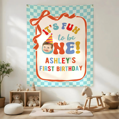 It's Fun to be One Birthday Tapestry Custom Photo First Birthday Banner Personalized Baby Party Backdrop, personalized bir...