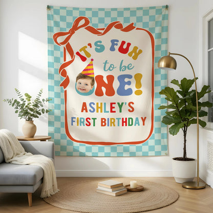 It's Fun to be One Birthday Tapestry Custom Photo First Birthday Banner Personalized Baby Party Backdrop, personalized bir...