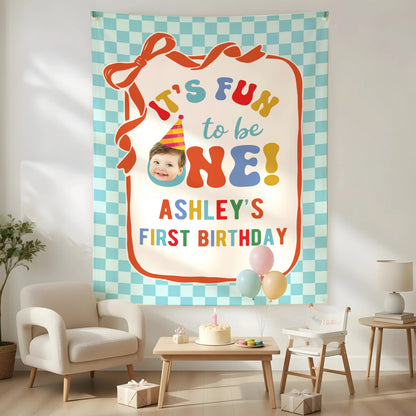 It's Fun to be One Birthday Tapestry Custom Photo First Birthday Banner Personalized Baby Party Backdrop, personalized bir...