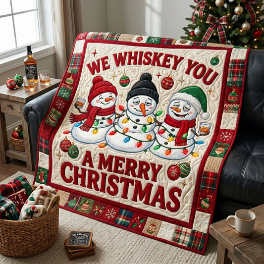 Funny Drunk Snowman Christmas Patchwork Quilt Blanket