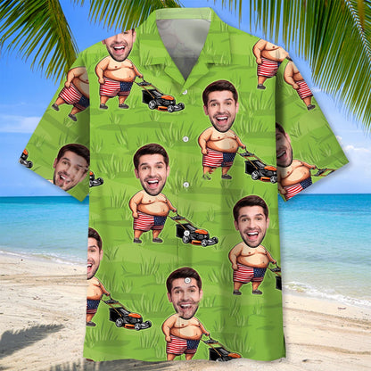 Funny American Man Lawn Mower Custom Face Hawaiian Shirt