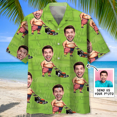 Funny American Man Lawn Mower Custom Face Hawaiian Shirt - XL - hawaiian shirt